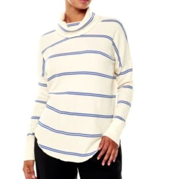 Aritzia Babaton Thermal Sweater Women S Cream Blue Striped Waffle Knit Cowl Neck - Picture 1 of 16